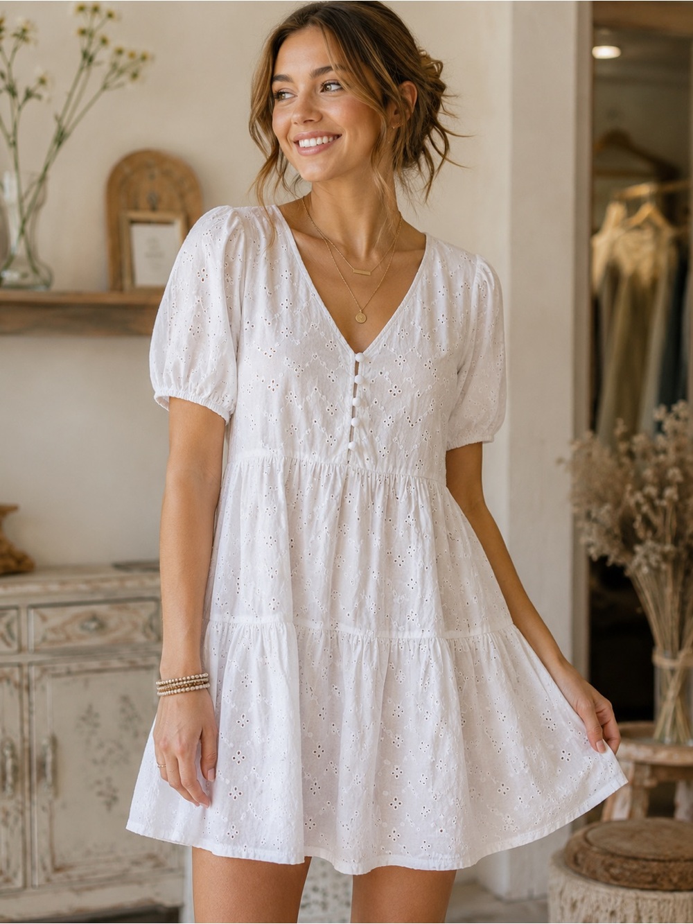 LOFT White Eyelet V-Neck Tiered Dress